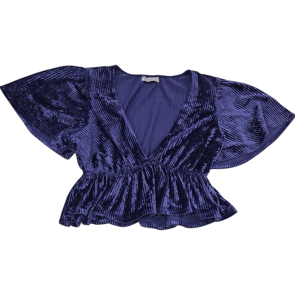 Urban Outfitters Purple Velvet Ribbed Peplum Top Deep V-Neck Flutter Sleeve M - Picture 4 of 8